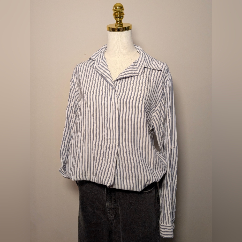 Max Studio Navy and White Striped Button Down Shirt